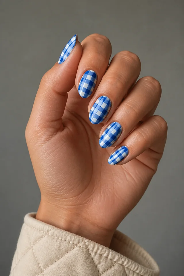 Classic medium blue gingham across almond nails, glossy finish, olive skin, hand angled upward in natural daylight with connected wrist