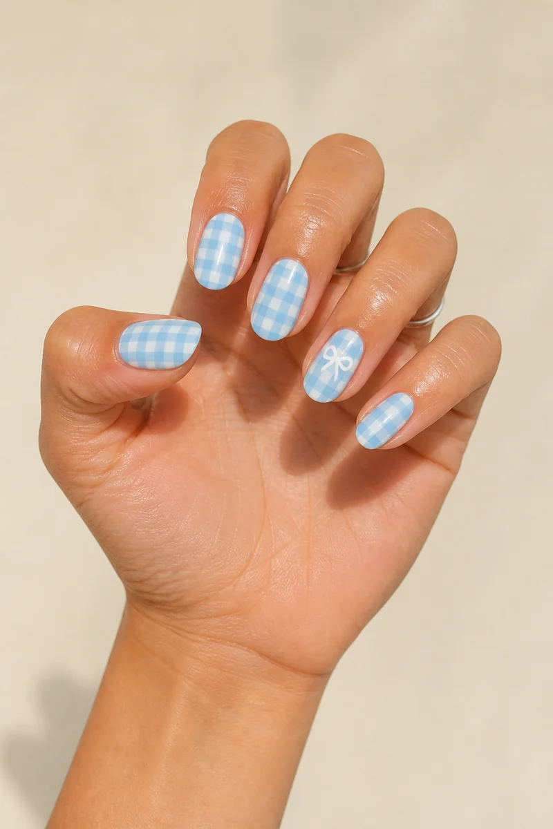 Baby blue gingham with a single white ribbon accent on medium round nails, glossy finish, medium skin, hand with visible forearm in daylight