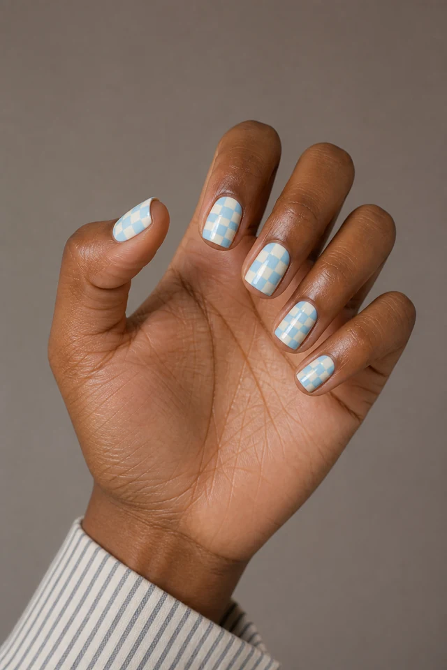 Powder blue and cream gingham on short square nails, glossy finish, deep brown skin, hand resting on a matte surface in natural window light with wrist visible