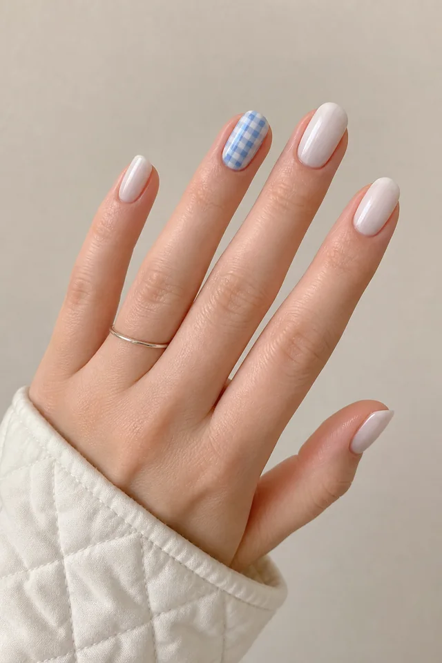 Single blue gingham accent among sheer white nails, rounded shape and glossy finish, rich dark skin, relaxed hand pose with connected forearm in daylight