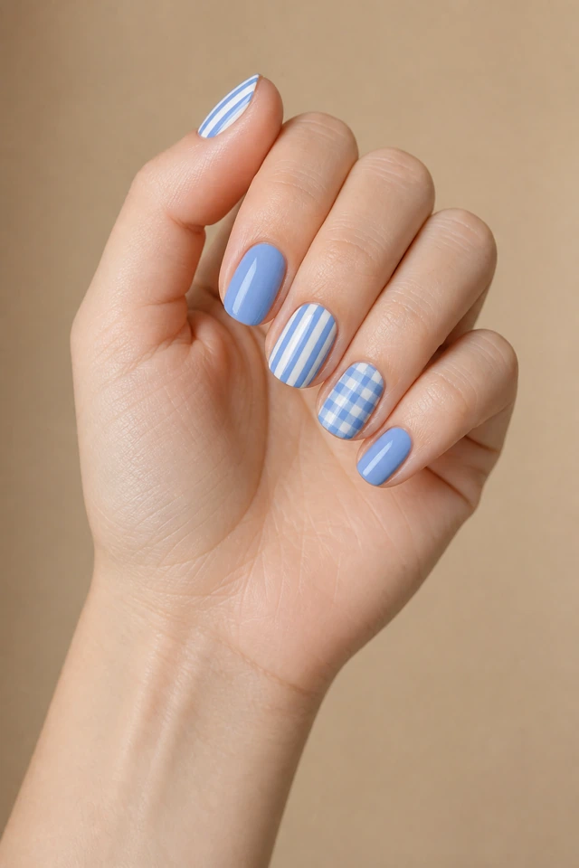 Alternating blue stripes with one tiny gingham square on medium oval nails, glossy finish, fair skin, hand angled in soft daylight with visible wrist
