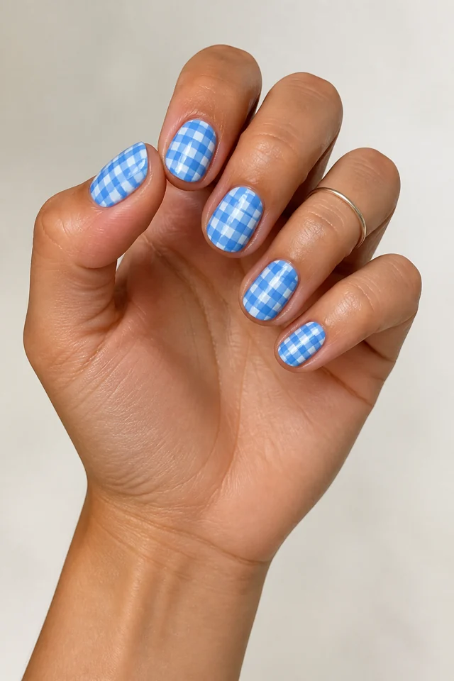 Short glossy blue gingham on rounded nails, bright finish, light brown skin, hand resting naturally beside a connected forearm in daylight