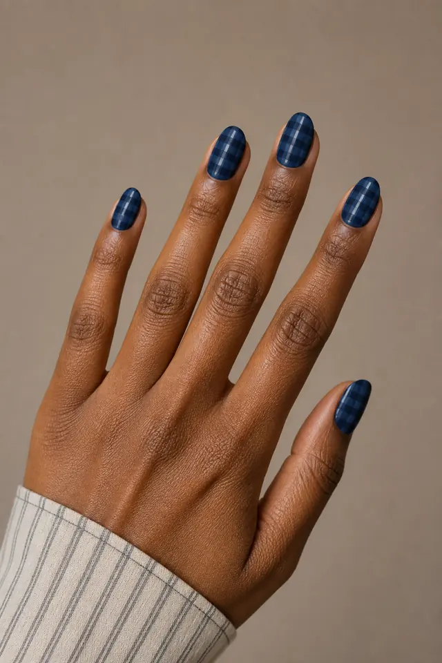 Matte navy blue gingham with one glossy detail line on medium square nails, textured finish, deep brown skin, hand posed in soft daylight with forearm visible