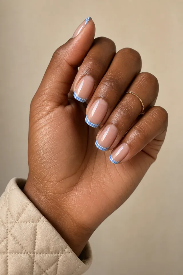 Tiny blue gingham lines along sheer French tips on short almond nails, glossy finish, tan skin, hand turned toward natural window light with connected wrist