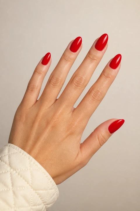 bright red glossy almond nails on a light warm skin tone hand with visible wrist
