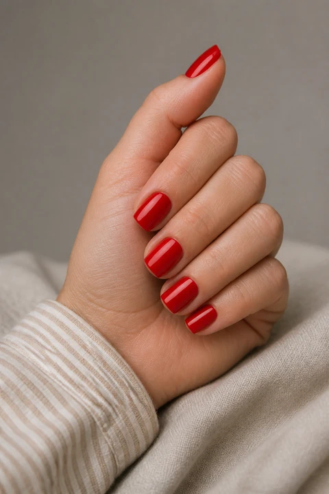 bright red glossy square nails on a light skin tone hand with visible wrist and forearm