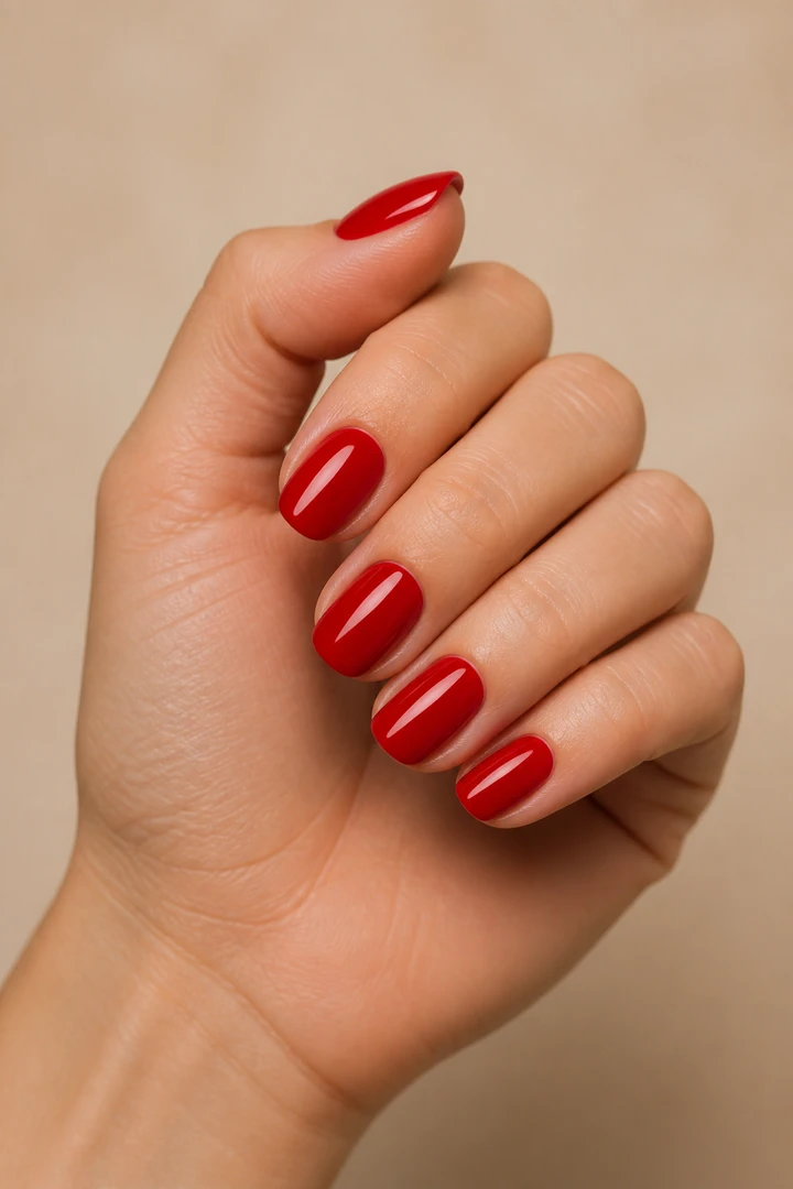 classic glossy bright red rounded nails on a warm medium skin tone hand with visible wrist