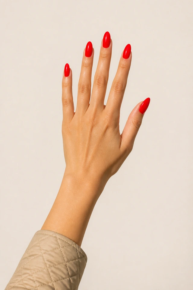 Electric scarlet glossy almond nails on a light olive hand with visible connected wrist and forearm in natural daylight