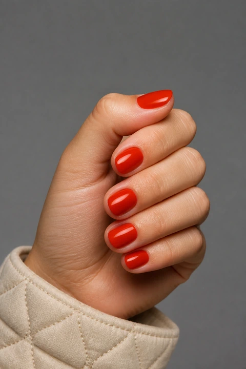 warm tomato red glossy oval nails on a tan skin tone hand with visible wrist and forearm
