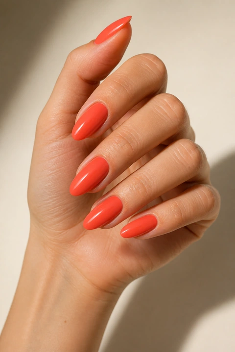 coral red glossy almond nails on a medium tan hand with visible connected wrist