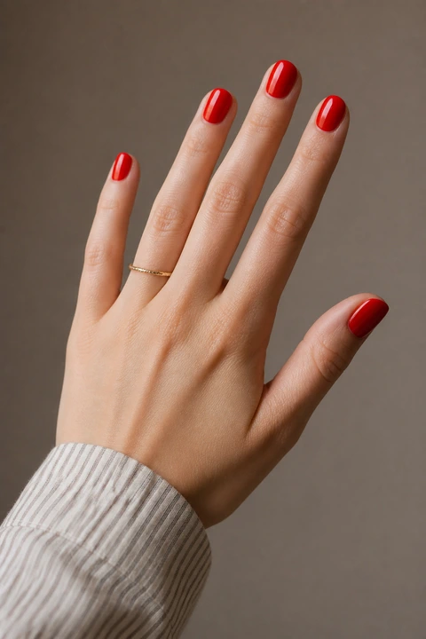 short round bright red glossy nails on a deep brown skin tone hand with visible wrist