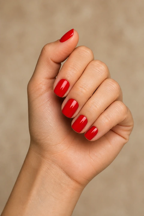 short square bright red glossy nails on a medium brown hand with visible wrist and forearm