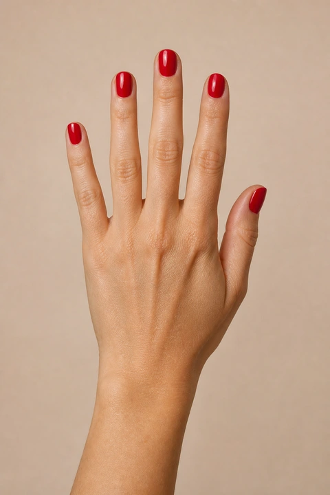 clean minimal short glossy bright red nails on a light olive hand with visible wrist