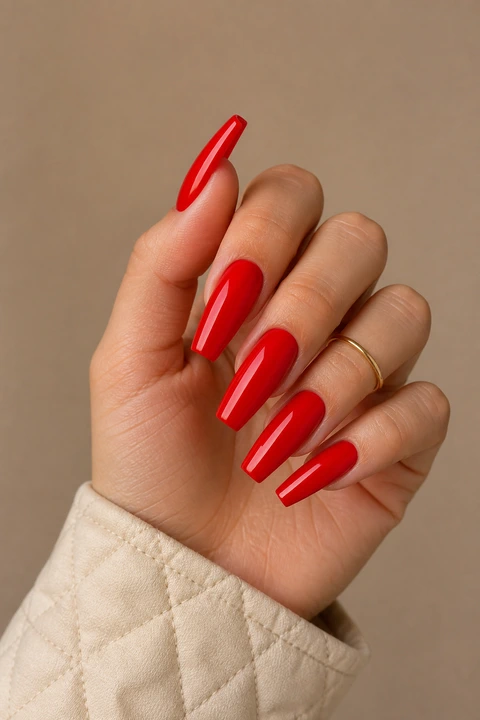 long bright red glossy coffin nails on a warm tan hand with visible connected wrist