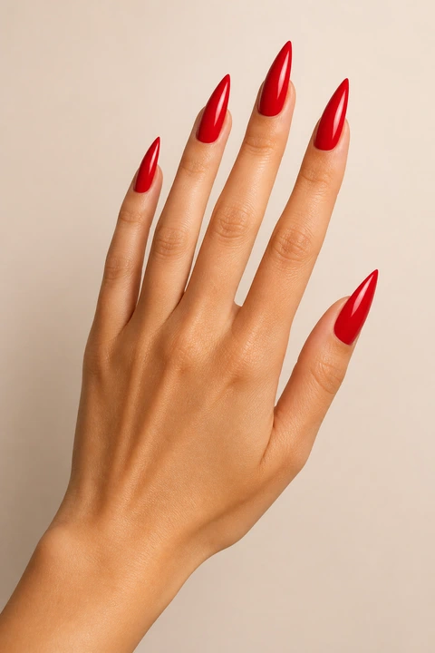 long glossy scarlet stiletto nails on a medium deep skin tone hand with visible wrist and forearm