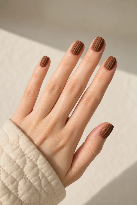 Warm cocoa brown raised ribbed sweater texture on short rounded-square nails, soft daylight hand pose, fair skin, satin finish