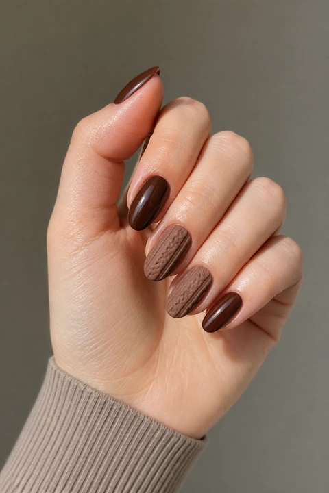 Espresso brown glossy nails alternating with mocha raised knit texture on medium almond nails, natural daylight hand pose, light skin, mixed gloss and satin finish