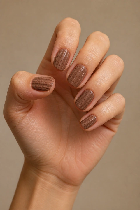 Chestnut brown cable-knit texture on short oval nails, soft daylight hand pose, light olive skin, satin finish