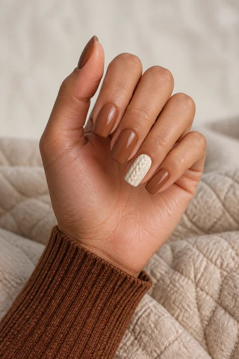 Cinnamon brown sweater ribbing with one cream raised cable accent on medium squoval nails, natural window light hand pose, medium skin, matte and satin finish