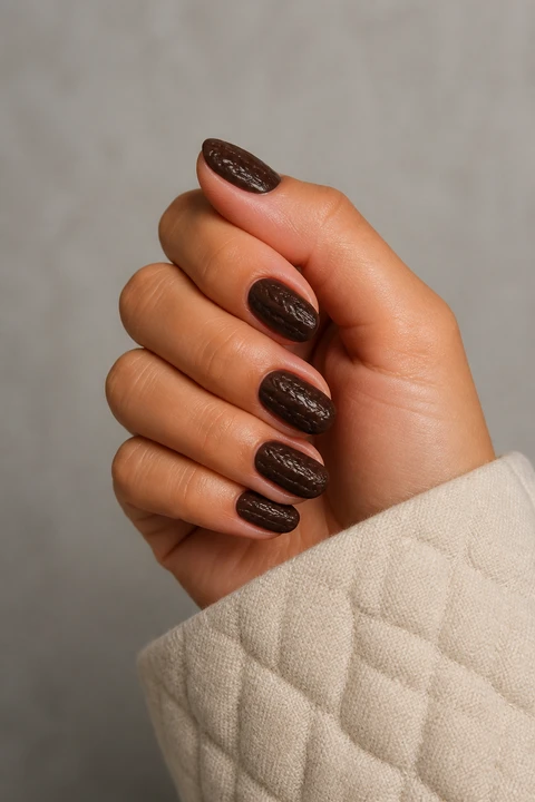 Dark chocolate raised sweater texture on short almond nails, soft daylight hand pose, deep brown skin, satin finish
