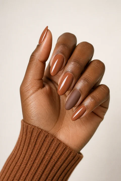 Caramel brown raised sweater ribs with one matte mocha accent on long oval nails, daylight hand pose, medium-deep skin, velvet finish