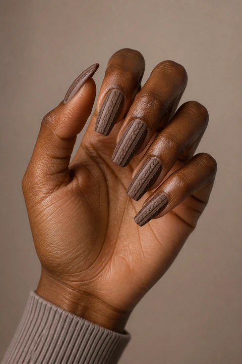 Walnut brown raised diagonal cable braids on medium coffin nails, natural daylight hand pose, rich brown skin, matte finish
