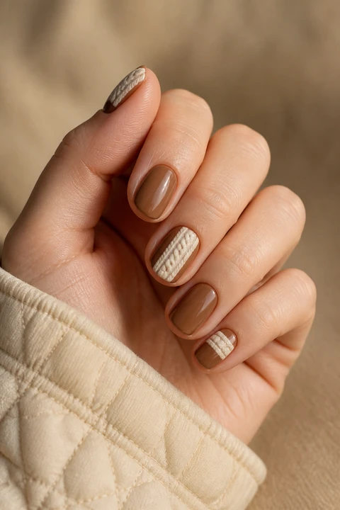 Latte brown and cream raised sweater-pattern bands on short rounded nails, soft daylight hand pose, fair-to-light skin, satin finish