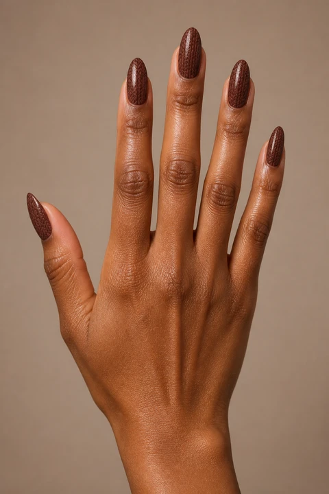 Mahogany brown raised herringbone sweater texture on long almond nails, natural daylight hand pose, medium skin, glossy finish