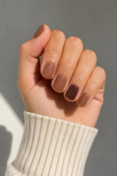 Toffee brown fine micro-ribbed sweater texture on very short squoval nails, soft daylight hand pose, light olive skin, satin finish