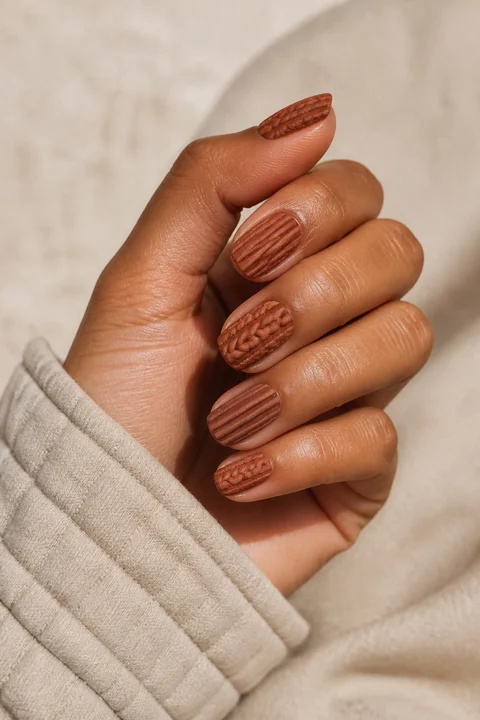 Terracotta brown chunky cable-knit texture on medium round nails, natural daylight hand pose, tan-to-deep skin, matte finish