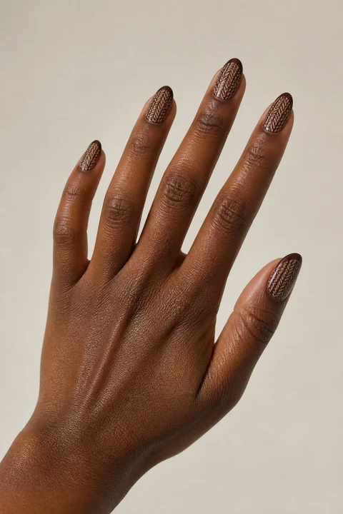Chestnut brown raised herringbone sweater texture with an espresso accent on medium almond nails, soft daylight hand pose, deep brown skin, satin finish