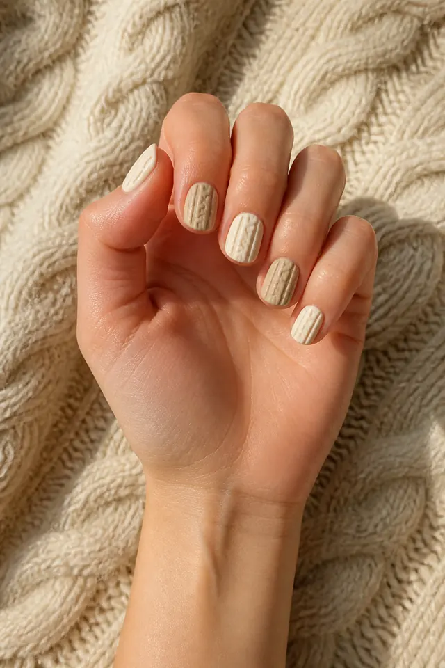 Cream cable braid texture on short oval nails, soft glossy finish, fair skin, hand resting in natural daylight with connected forearm