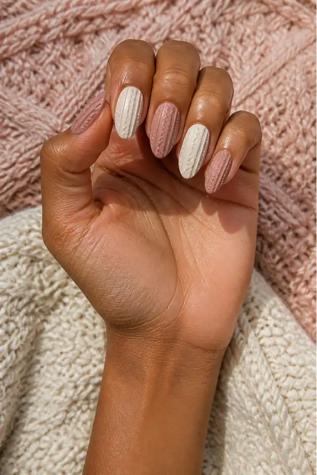Oatmeal cable loop texture on medium almond nails, matte finish, light skin, hand angled toward soft window light with visible wrist and forearm