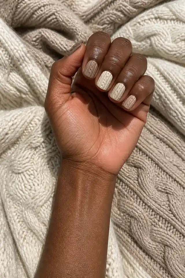 Taupe double cable texture on short square nails, soft matte finish, olive skin, hand posed with connected forearm in daylight