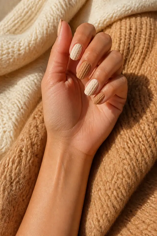 Chestnut cable texture on rounded nails, glossy finish, medium skin, hand lifted in soft daylight with connected wrist