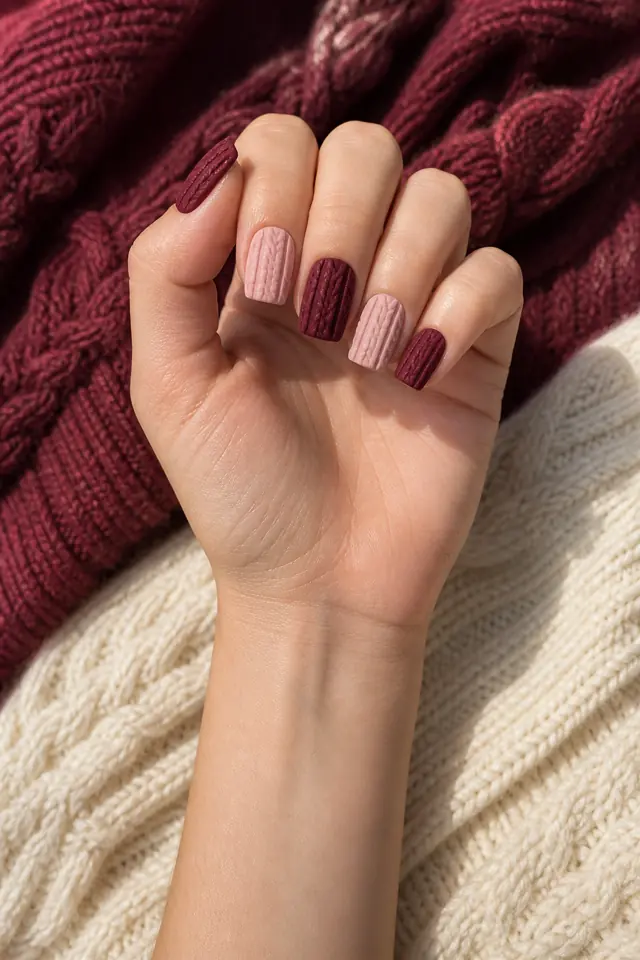 Burgundy cable braid texture on medium oval nails, glossy finish, tan skin, hand resting in natural window light with visible forearm
