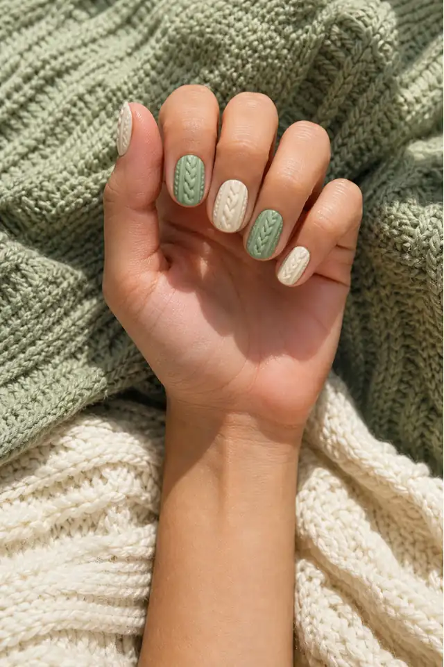 Espresso cable texture on short squoval nails, soft glossy finish, deep brown skin, hand turned toward daylight with connected forearm