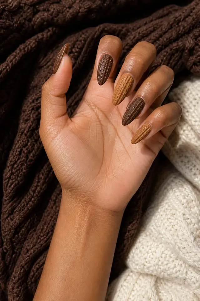 Single cream cable nail beside smooth neutral nails, rounded shape, rich dark skin, hand resting in daylight with connected forearm