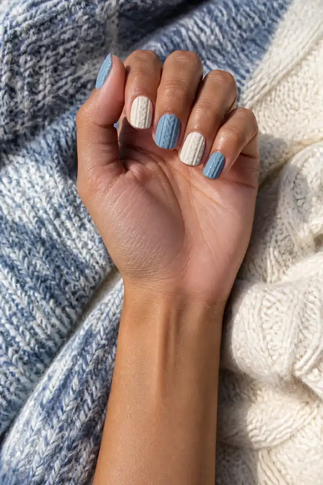 Cable and rib texture paired on medium almond nails, mixed matte and glossy finish, fair skin, hand angled in natural daylight with visible wrist