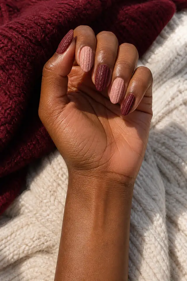Cable French accent with raised braid along a sheer tip, glossy finish, medium olive skin, hand raised in soft daylight with connected forearm