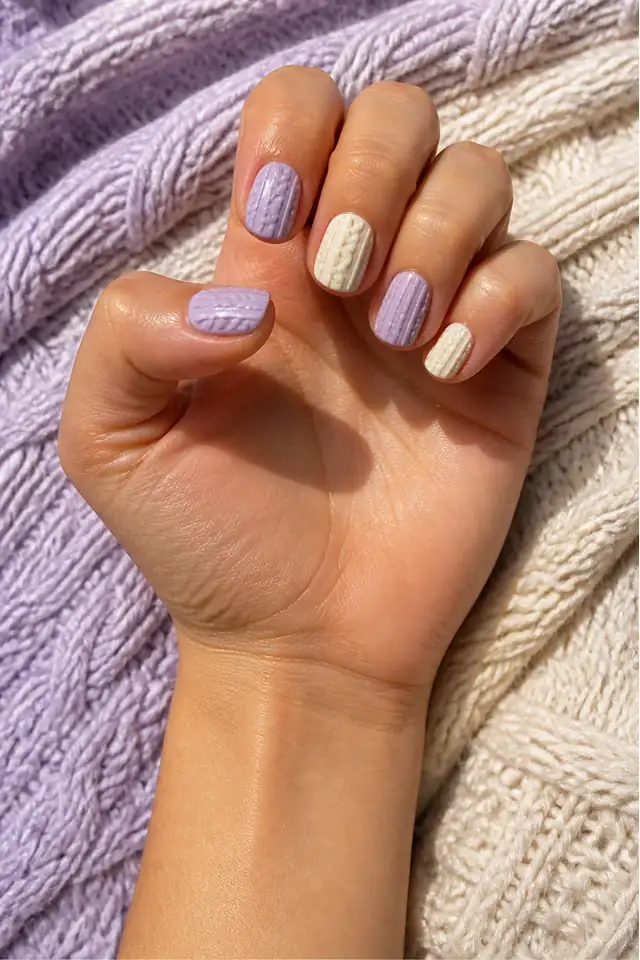 Cable braid with a fine gold thread detail on medium oval nails, glossy finish, light brown skin, hand resting beside connected forearm in daylight