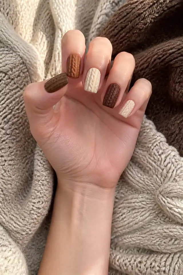 Short cocoa cable texture on rounded nails, soft glossy finish, deep brown skin, hand posed in window daylight with visible wrist and forearm