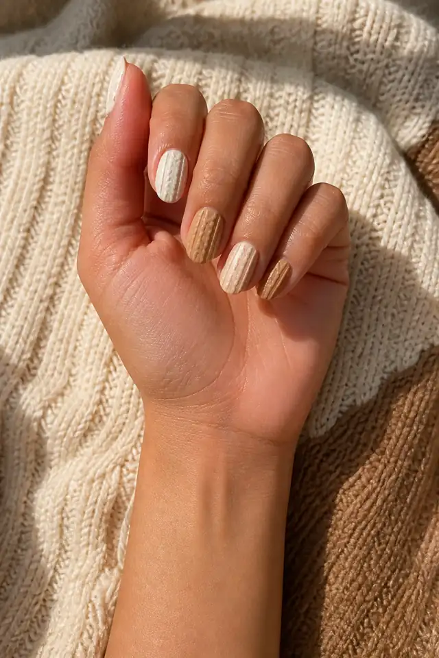 Pearl cable texture on medium almond nails, luminous glossy finish, tan skin, hand turned toward natural window light with connected forearm