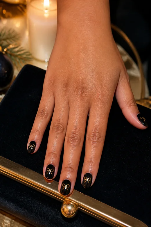 Black With Gold Bow Christmas nails