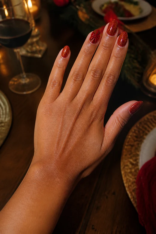 Red Glitter Bow Christmas nails