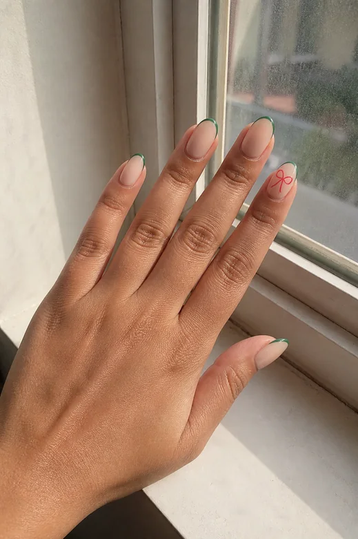 Green French With Red Bow Christmas nails