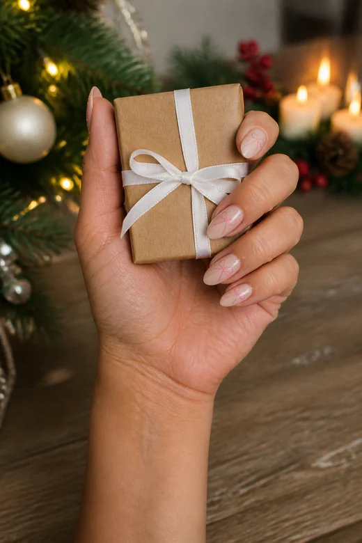 Soft Pink Bow on Beige Christmas nails