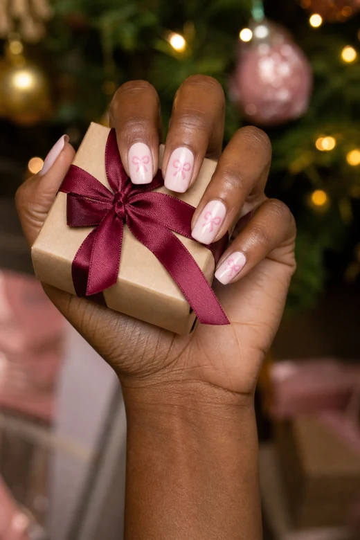 Pink Bow Pattern Christmas nails