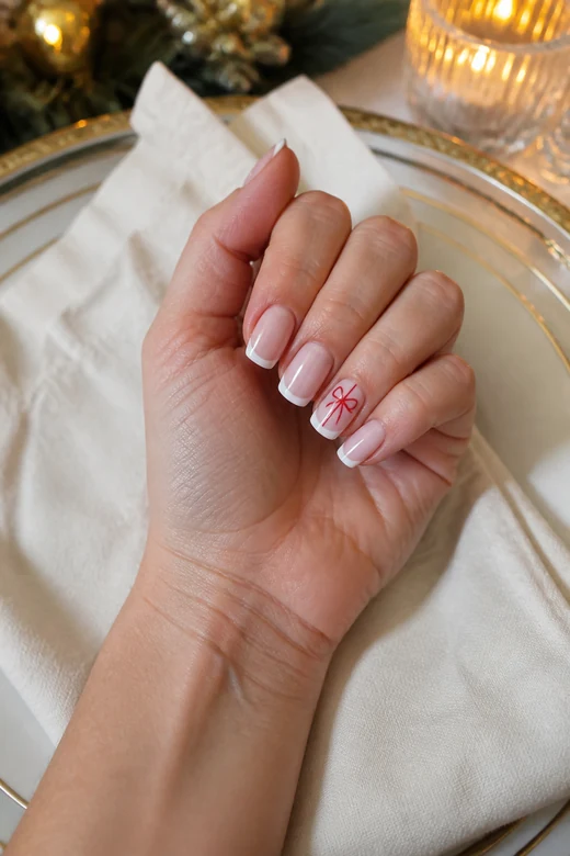 Red Bow French Christmas nails