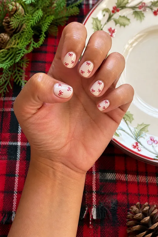 White Bow Pattern Christmas nails